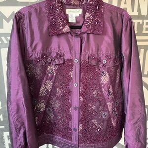 Patchwork Purple Silk Blend Lightweight Jacket with Lace and Beaded Accents